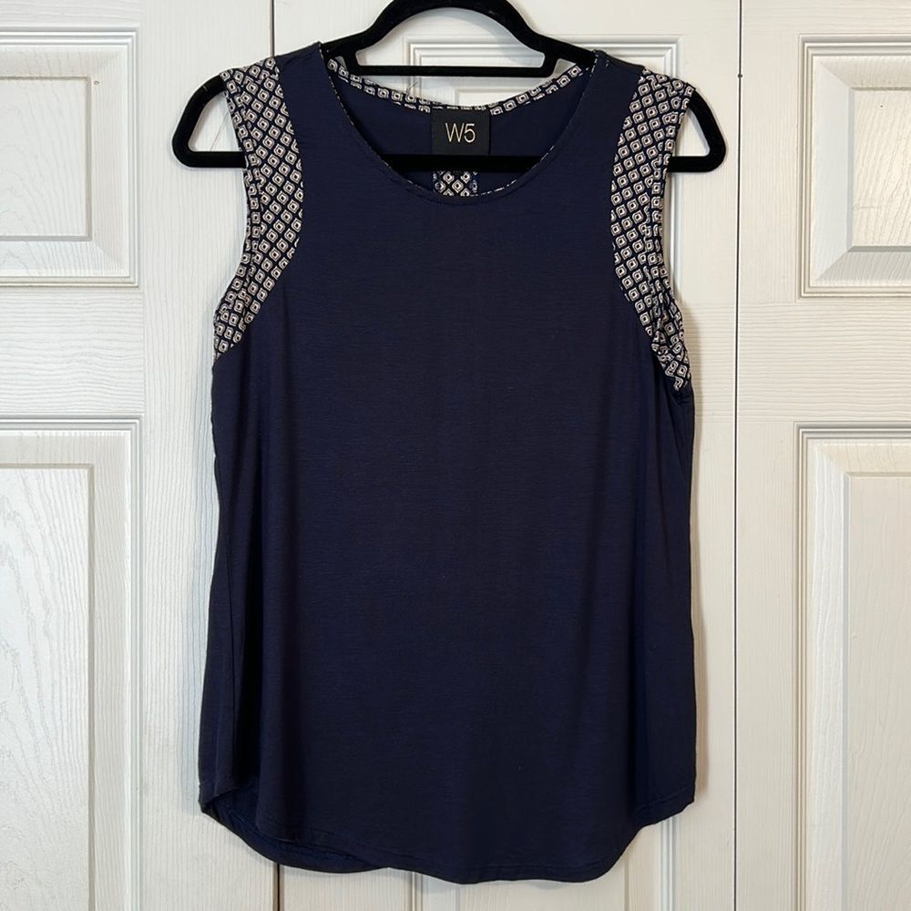 W5 Size Small Navy Blue Khaki Crewneck Mixed Media Sleeveless Shirt Stretch